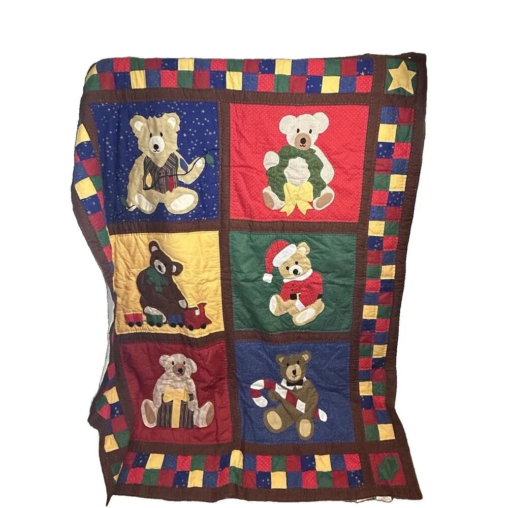 Christmas Teddy Bears Patchwork Applique Quilt Throw Blanket 50x58 Holiday Decor